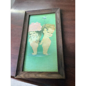 W M OTTO 1970s Kitsch Big Eye Art Boy and Girl Nude Cuties in Bath Vintage Retro